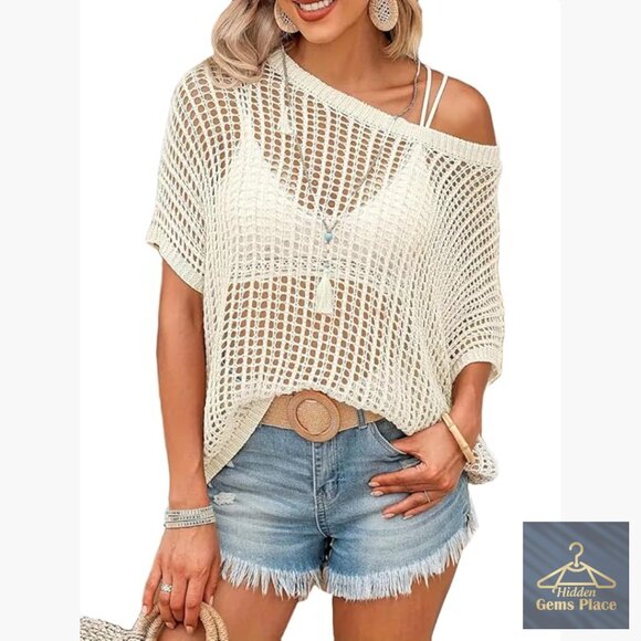 Other - Short Sleeve Crochet Sweater Beach Cover Up Off Shoulder Loose Knit Top